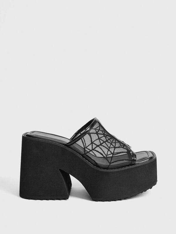 Sugerpunk Sandalias de mujer de estilo punk con cuña gruesa, puntera cuadrada y ligeras. Diseño de malla bordada con tacón alto grueso, de suela abierta y fácil de poner. Cómodas, transpirables y adecuadas para uso casual y de fiesta.