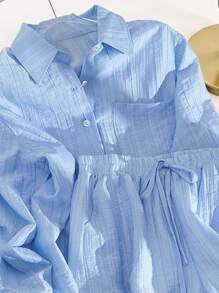 SHEIN 2pcs/Set Casual Solid Color Shirt And Shorts Set - Blue - View 4