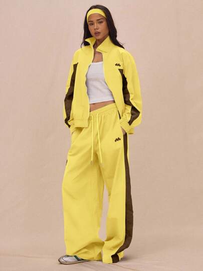 MUSERA 抽绳腰带尼龙撞色拼接阔腿运动裤（仅限裤子）机场休闲款