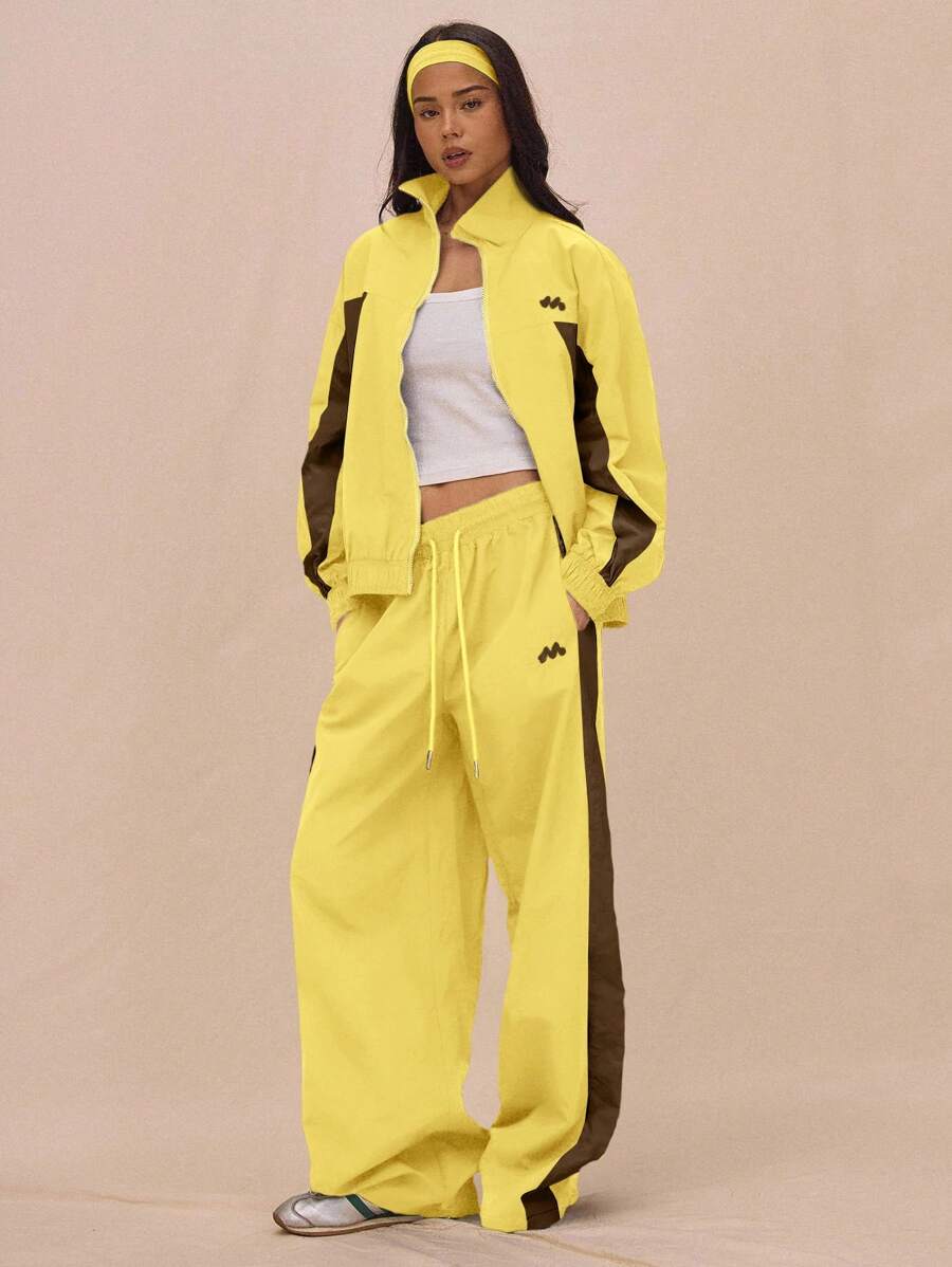 MUSERA 抽绳腰带尼龙撞色拼接阔腿运动裤（仅裤子）机场休闲圣诞款 - 黃色 - 查看 1
