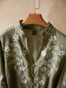 Elaquor 大码花卉印花长袖衬衫 - 軍綠色 - 查看 4