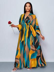 SOLERSUN Women's Holiday Floral Printed V-Neck Long Elegant Ruffle Sleeve Peplum Split Thigh Maxi Dress, Suitable For Vacation, Dating And Daily Wear