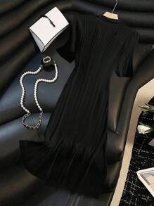 Franclia Váy dệt kim Maxi tay ngắn màu trơn thanh lịch dành cho nữ, Quần áo len dệt kim mùa hè cho trường đại học - màu đen - Xem 2