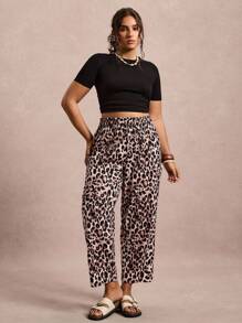 SHEIN VCAY Plus Size Women Casual Fashion Street Leopard Print Knot Elastic Waist Straight Leg Pants Leopard Print Pants Animal Print Pants - Coffee Brown - View 3