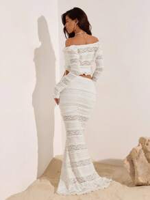 Opulessa 女士优雅纯色蕾丝露肩短款上衣和半裙两件套，度假装 - 米色 - 查看 2