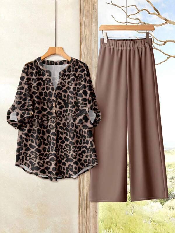 Rusticease 2pcs Women's Casual Bohemian Style Western Leopard Print Pattern Loose Top Blouse V-Neck Flare Sleeve & Straight Leg Pants Set Autumn And Winter