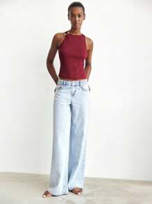 Maija Red Metal Decor Sleeveless Round Neck Fitted Women Tank Top, Minimalist Fashionable Sophisticated Urban Style, Essential Versatile Piece For Autumn/Winter, Halloween - Red - View 6