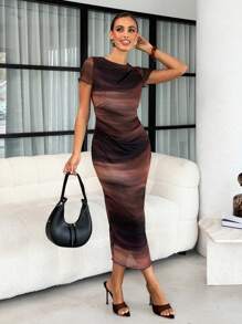 Lavishia 女士时尚网纱印花短袖长连衣裙，春夏女装，夏季女装，工作夏季连衣裙，中长连衣裙，沙滩派对毕业礼服，办公室女士连衣裙，机场夏季蜜月女士连衣裙，波西米亚风女士连衣裙，夏季女士连衣裙，夏季度假婚礼宾客连衣裙 - 彩色 - 查看 5