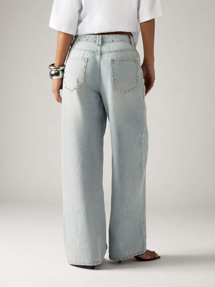 Wide Leg Baggy Jeans With Rhinestone Detail