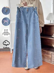 SHEIN Sparklyn 少女新款 Y2K 花卉腰部设计休闲宽松阔腿浅蓝色水洗直筒牛仔裤，粉色蝴蝶结刺绣装饰，适合所有季节