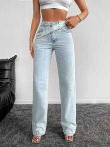 SHEIN Tall Light Wash Extra Long Straight Leg Denim Jeans For Women With Unique Zipper Detail Casual Plain Style - Light Wash - View 5