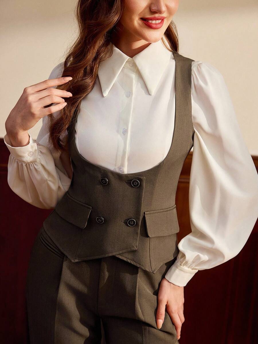 Vintamour 复古经典优雅女士西装外套，修身双排扣卡其色西装外套，马甲西装外套，夏季/秋季 - 卡其色 - 查看 1