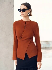 Uhlyne Uhlyne Suéter de punto cruzado con botones elegante y entallado para mujer, estilo minimalista, para otoño/invierno - Óxido marrón - Ver 8