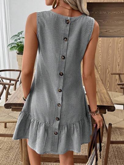 EMERY ROSE 女式夏季条纹露背单排扣荷叶边下摆休闲无袖迷你连衣裙
