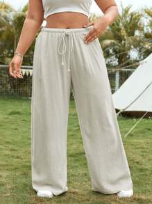 CovetEZ Pantalones de lino sólido con cordón y talla grande para mujeres en verano - Beis - Ver 7