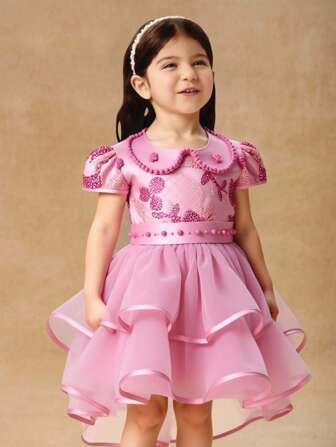 Glamorique Kids Baby Girls' Sparkle Embroidery Floral Cap Sleeve Tutu Ruffle Lace Princess Dress, Suitable For Wedding Flower Girl, Birthday Party, Back To School, All Season