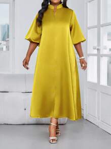 SHEIN Lady Spring And Summer Elegant Modest Party Wedding Cocktail Party Concert/Music Festival Gold Woven Satin Stand Collar Ball Gown Frill A Line Dress - Yellow - View 4