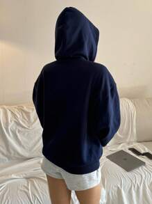 少女藏蓝色宽松休闲卫衣，简约风格，适合休闲和运动穿着。蓝色青少年服装，藏蓝色卫衣，蓝色连帽夹克，少女短款夹克，秋冬季女童服装 - 藍色 - 查看 2