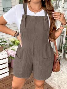 SHEIN LUNE 大码女式休闲纯色拼布口袋宽松吊带连体短裤（不含T恤），夏季