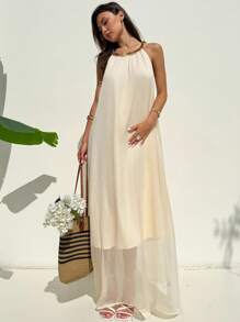 Aloruh Date Night Outfits Women Apricot Vacation Beach Dress With Unique Neckline And A-Line Silhouette For Women - Apricot - View 7