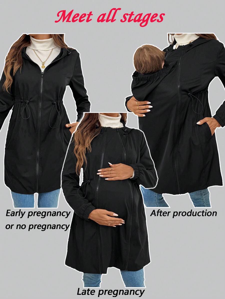 SHEIN Maternity Solid Color Drawstring Hooded 3-In-1 Nursing Jacket - Black - View 1
