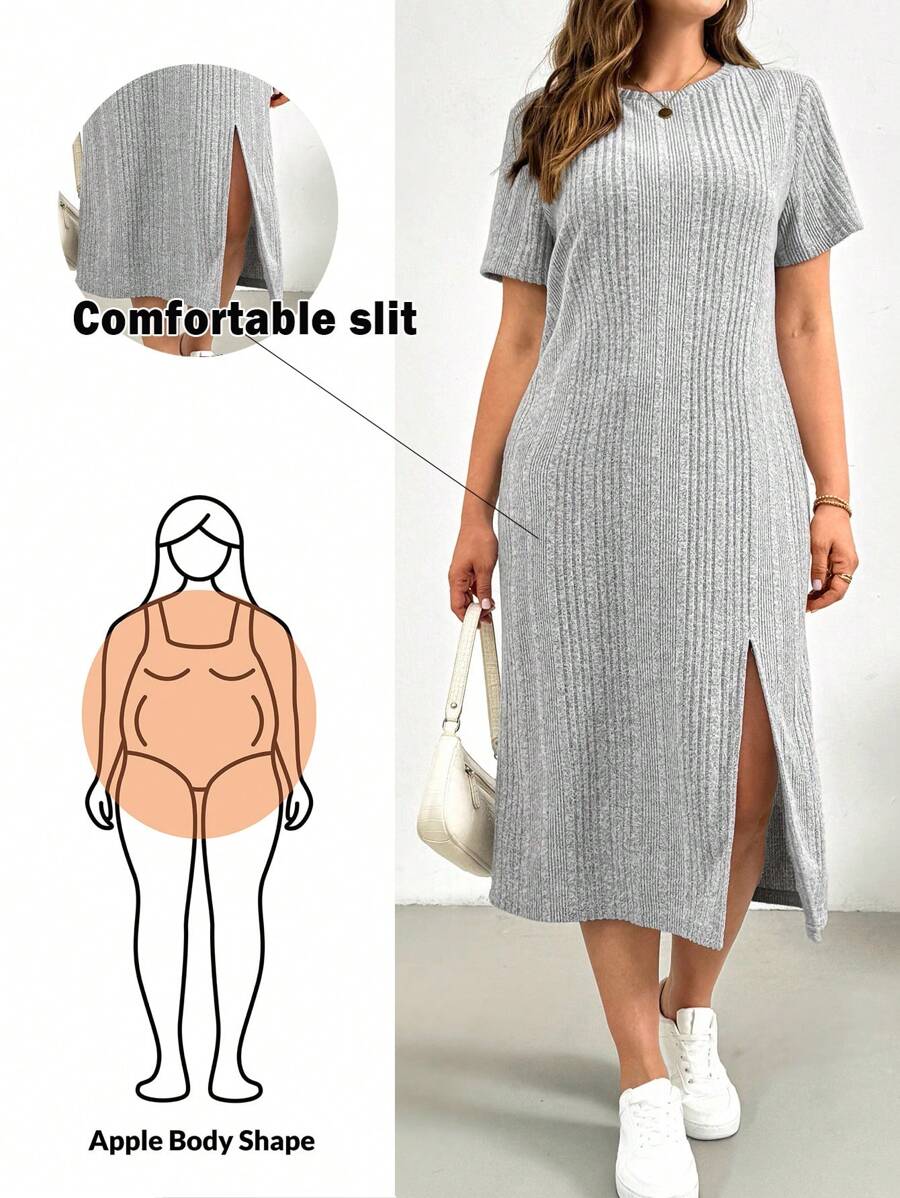 SHEIN Essnce Váy dài tay họa tiết sọc ngang màu xám chải kỹ thời trang xuân thu cho nữ cỡ lớn, thoải mái, rộng rãi, đa năng, mặc hàng ngày, mặc ở sân bay, váy đi chơi - Xám - Xem 1