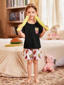 FamilyFrolics Conjunto de pijama de niña con estampado de papas fritas de manga corta y pantalón corto