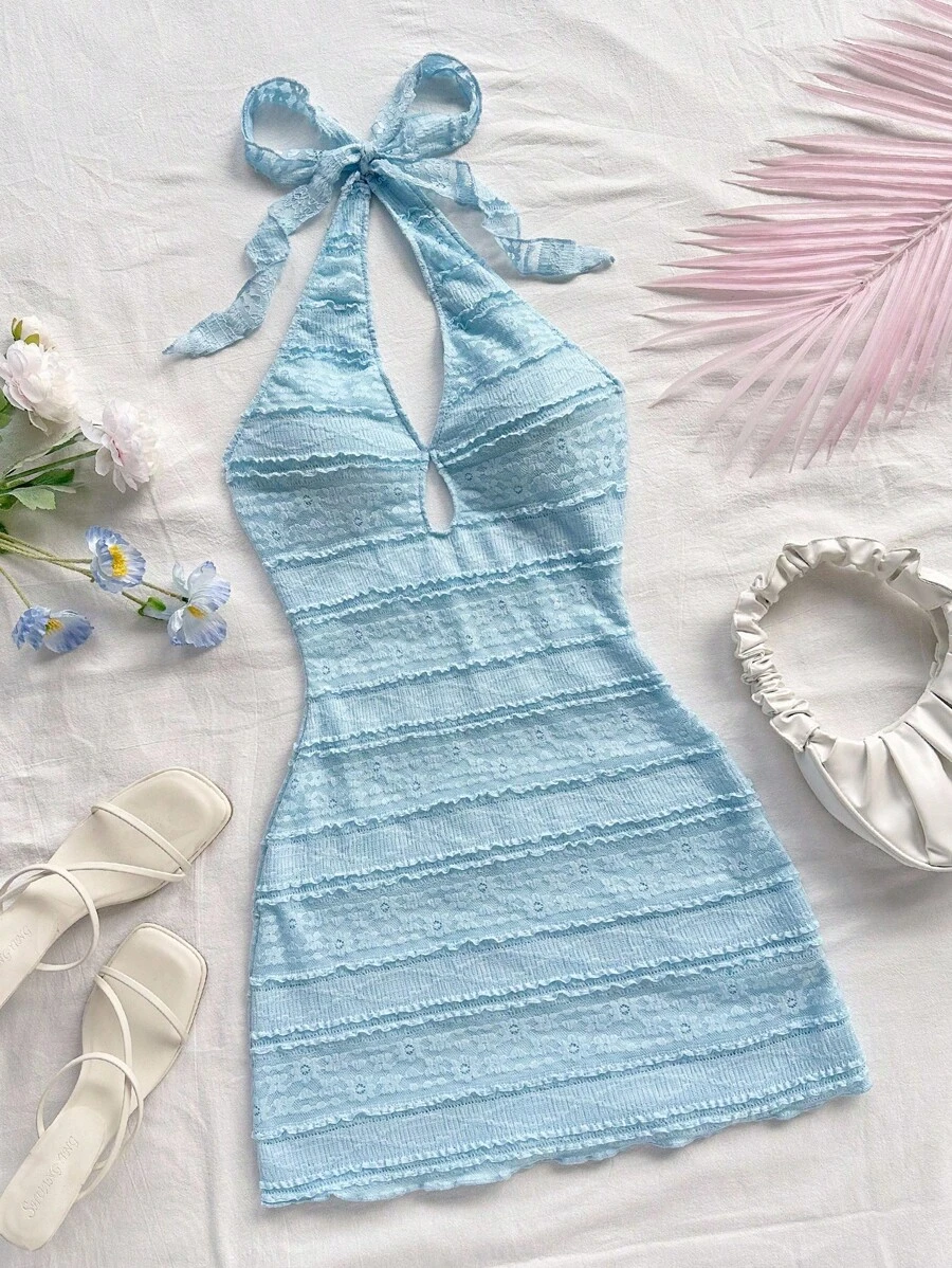 Soleia 全新度假红色针织条纹露背迷你连衣裙 - 淺藍色 - 查看 1