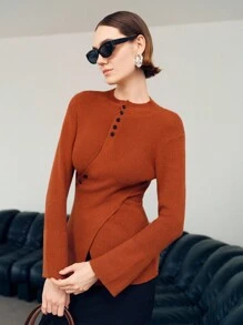 Uhlyne Uhlyne Suéter de punto cruzado con botones elegante y entallado para mujer, estilo minimalista, para otoño/invierno - Óxido marrón - Ver 7