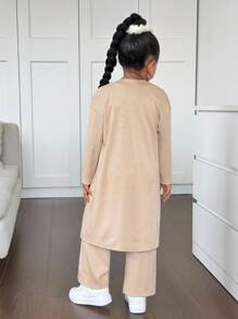 Young Girl Casual Knit Elastic Khaki Long Jacket, Elastic Waist Long Pants, And Tank Top 3-Piece Set - Khaki - View 2