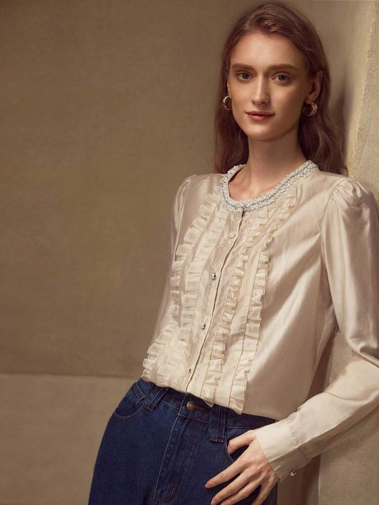 FAUX PEARL TRIM FRILL DETAIL BLOUSE