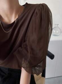 FRIFUL 女士纯咖啡棕色圆领网眼拼布休闲百搭短袖 T 恤 - 咖啡棕 - 查看 3