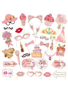 33 件玫瑰金闪光生日照片亭道具套件，DIY 趣味生日快乐照片道具套装，适用于女性装饰品（带棍棒），生日派对装饰品及用品，圣诞节 - 彩色 - 查看 15