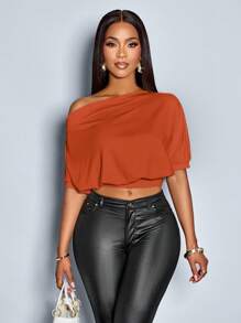 SOLERSUN Camiseta de mujer con cuello asimétrico y hombros fruncidos - Marrón - Ver 6