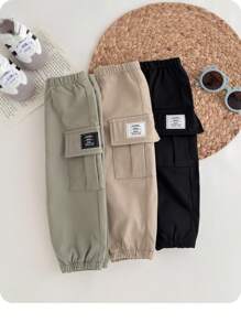 SHEIN Leap Crew 3pcs Baby Boy Casual Loose Fit Elastic Waist Cargo Pants, Suitable For Spring Autumn For Everyday Wear, Home, School - Multicolor - View 2