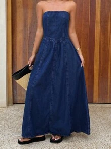 Livesso Vestido de mezclilla de cintura ceñida y longitud media sin tirantes para mujer - Azul - Ver 2