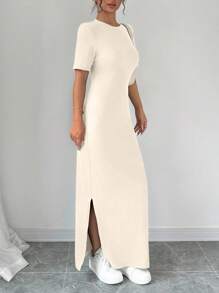 SHEIN PETITE Women's Summer Solid Split Thigh Tee Dress Without Bag Maxi Women Outfit Summer Dress - Apricot - View 3