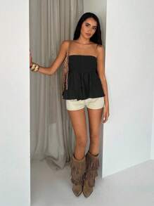 Glamine 女式纹理褶皱面料弹力抹胸上衣，配有荷叶边下摆 - 黑色 - 查看 4