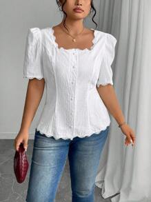 Calvaya 大码纯色短袖方领衬衫，简约时尚，适合夏季 - 米色 - 查看 1