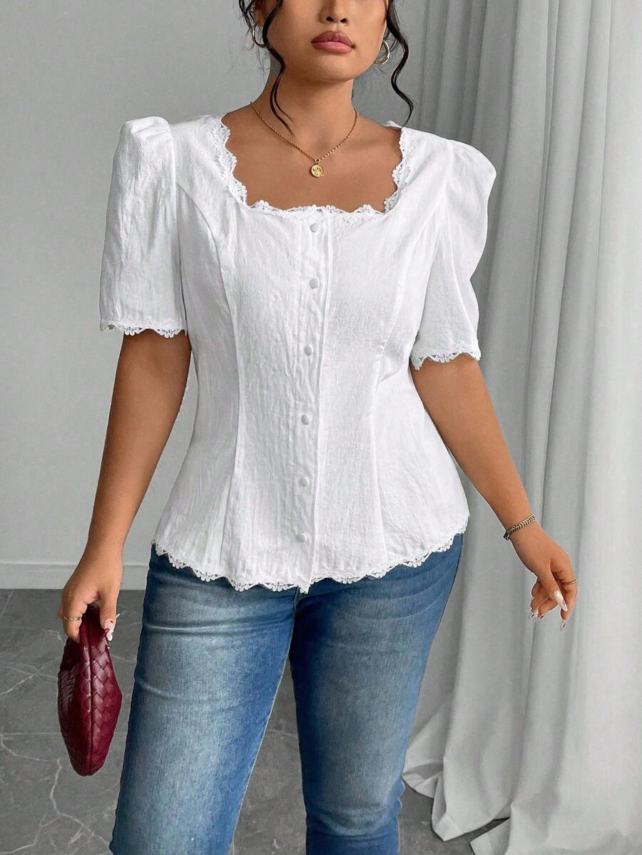 Calvaya 大码纯色短袖方领衬衫，简约时尚，适合夏季 - 米色 - 查看 1