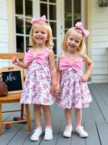 SHEIN Baby Girl Cute Summer Dress,White And Pink Ditsy Floral Color Block Bow Decor Casual Comfy Outfits For Vacation,Daily Leisure And Back To School - Pink - View 3