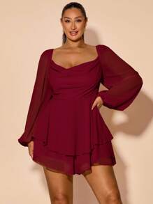 SHEIN BAE Plus Size Women's Early Spring/Fall Long Sleeve Daily/Holiday/Party Plunging Neck Draped Slit Black Solid A-Line Satin Sexy Mini Jumpsuit For Vacation/ Plus Size Wine Dress/ Long Sleeve Elegant Dress/ Plus Size Romper Dress,Fall Clothes For Women,Valentine's Day,Valentine Outfits For Women