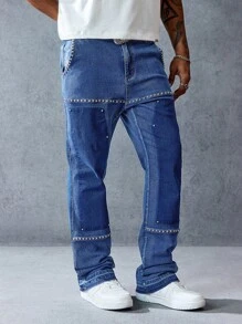 ROMWE MEN Street Life 男士休闲修身牛仔裤，带口袋和铆钉设计 - 藍色 - 查看 5