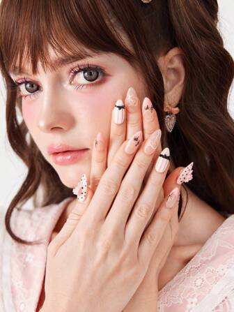 Kawaii 10 piezas de uñas postizas de alta calidad con diseños pintados a mano de lunares adorables y lazos + 3 hojas de adhesivo doble cara, calcomanías de notas musicales brillantes desiguales removibles y reutilizables, adecuadas para vacaciones, fiestas, baile y uso diario