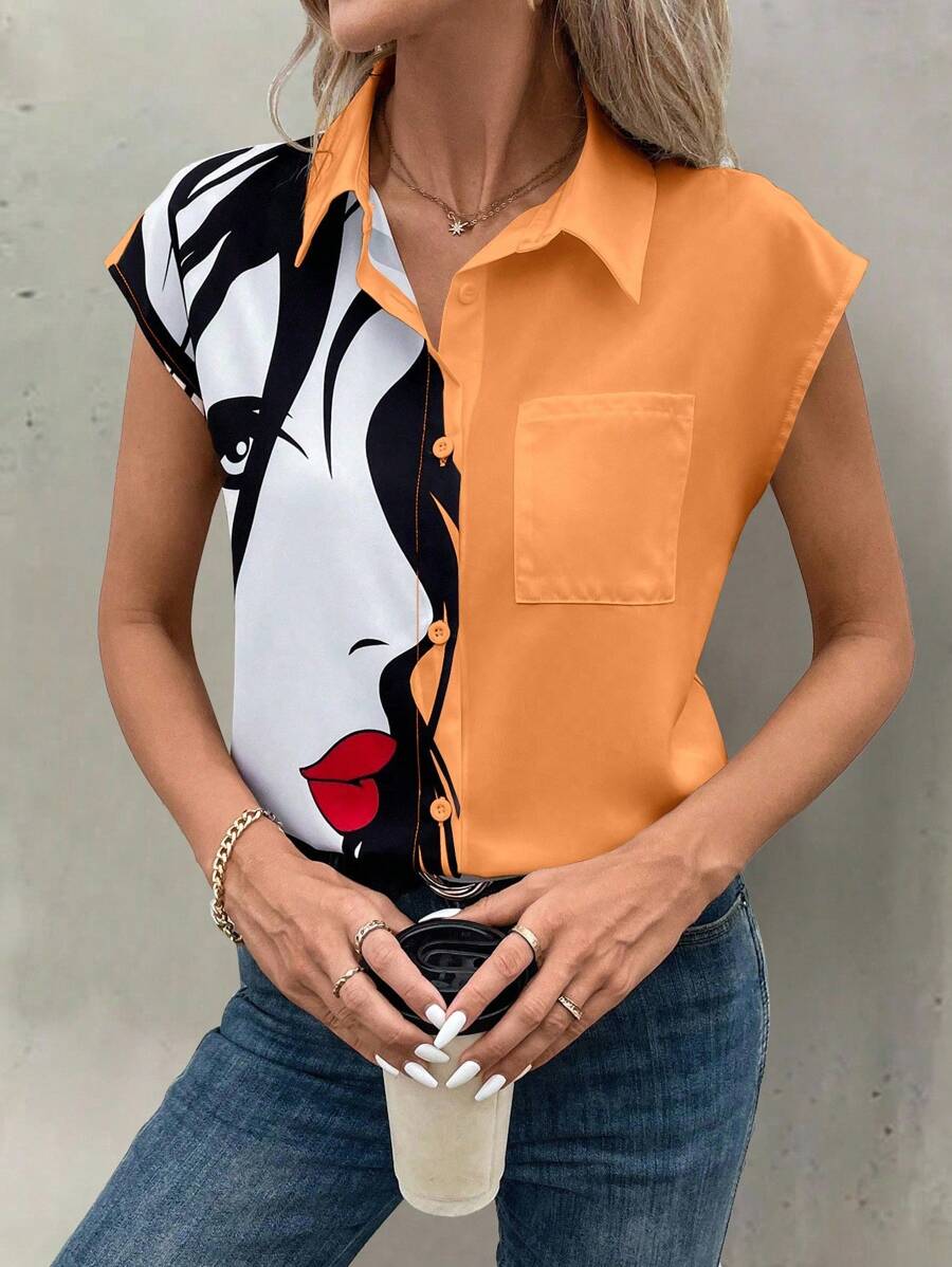 EMERY ROSE Áo sơ mi dáng rộng in họa tiết phong cách du lịch đường phố thoải mái cho nữ, tay cánh dơi, túi vá, mùa hè - trái cam - Xem 1