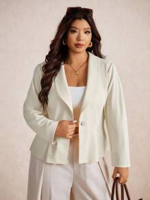 Elaquor Plus Size Elegant Minimalist Urban Chic Commuter Solid Color Fitted Women's Blazer Jacket, Apricot In Fall/Winter - Apricot - View 4