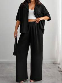 EURMUSE Solid Drop Shoulder Button Front Shirt & Wide Leg Pants Set – Effortless Chic Co-Ords - Black - View 4