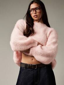 MISSGUIDED Women Oversized Chunky Knit Sweater Balloon Sleeve Winter Fluffy Turtleneck Jumper Cozy Pullover Fashion Casual Lounge Wear