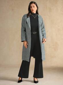 Flouryn Plus Size Women's Black & White Herringbone Pocket Belted Bow Overcoat Winter Fall Autumn - Black and White - View 6