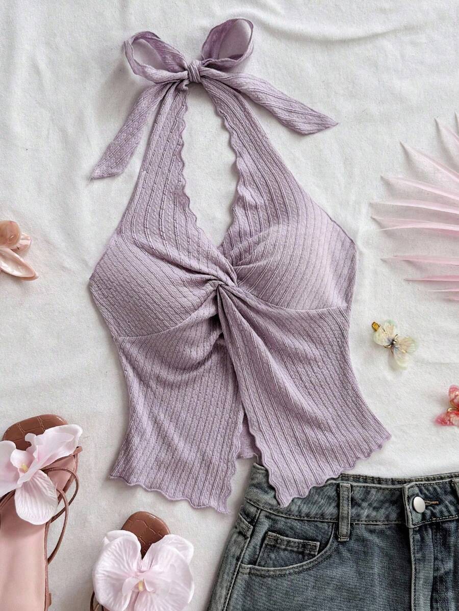 Soleia Fashionable Sexy Halter Tied Twist Hem Slit Backless Camisole,Rave Top - Mauve Purple - View 1